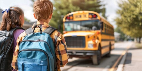 Children Walking to a School Bus, View from Behind - Educational Sector, Transportation Services.