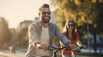 Obraz premium Young man riding a bicycle with his wife