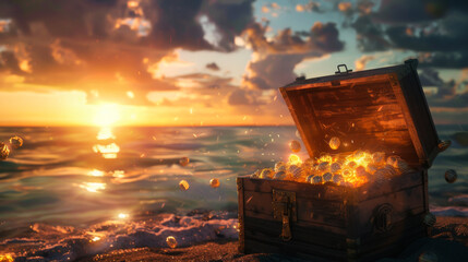 A treasure chest is serenely and peacefully opened on the beach at sunset. The chest is filled with...