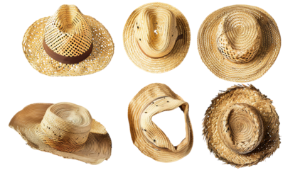 A collage of six different straw hats, two of which are cowboy hats, against a white background.