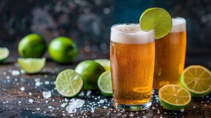 Two Glasses of Beer and Limes on Table