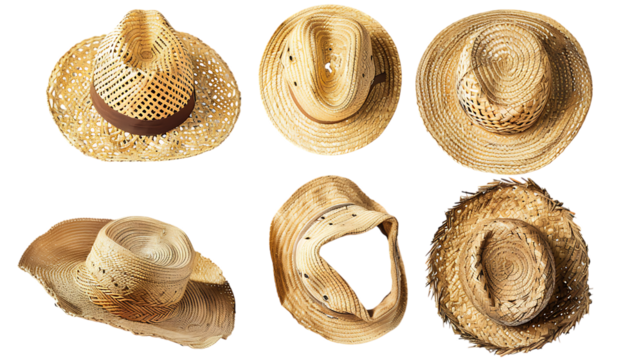 A collage of six different straw hats, two of which are cowboy hats, against a white background.