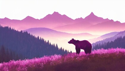 horizontal banner silhouette of bear standing on grass hill mountains and forest in the background...