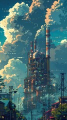 Fototapeta premium anime factory, blue sky, white clouds, power lines, city, street