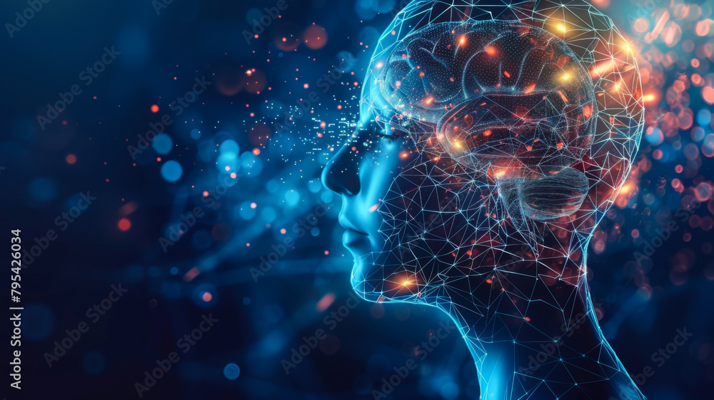 Poster a brain made of lines and dots with a red and orange color. the brain is surrounded by a blurry back