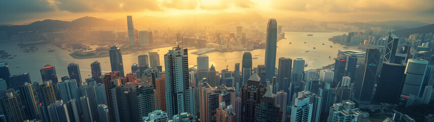 Obraz premium Golden hour over urban skyline with mountains and sea backdrop. Generative AI