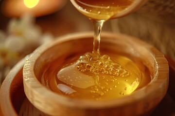 Indulge in the smooth richness of liquid honey, its golden glow radiating warmth and comfort with every drop - obrazy, fototapety, plakaty