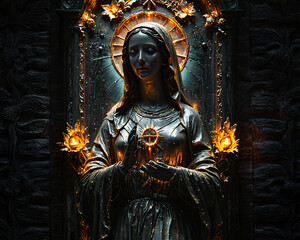 The statue of the praying Virgin Mary gleams brightly in the darkness, Generative AI