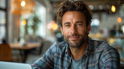 Handsome Man Smiling at Camera in Cozy Cafe, Casual Lifestyle Portrait