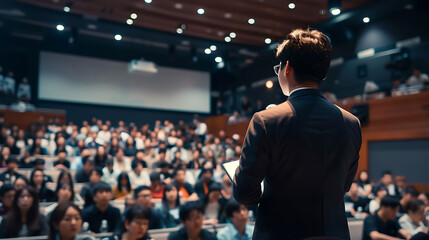 leadership seminar attendees listen attentively to a presentation on a large screen, with a standin