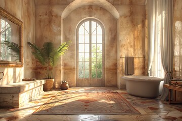 Fototapeta premium Bathroom with a large window, a rug on the floor, and a plant in the corner