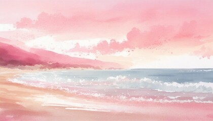 realistic sea beach background in watercolor style pink pastel color tone generative ai