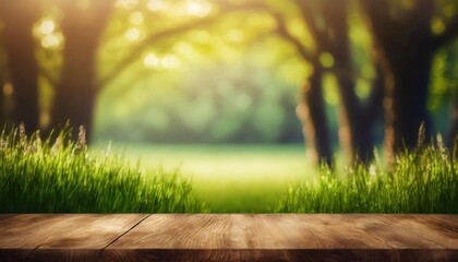 beautiful spring background with green grass and trees an empty wooden table in nature outdoors natural pattern with beauty bokeh and sunlight generative ai