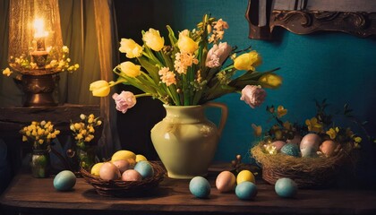 home interior with easter decor spring flowers in a vase and easter eggs