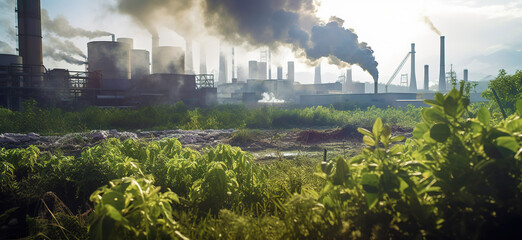 photo of green plants in front of an industrial plant with white smoke coming out from the chimneys, representing sustainable development and environmental protection. 