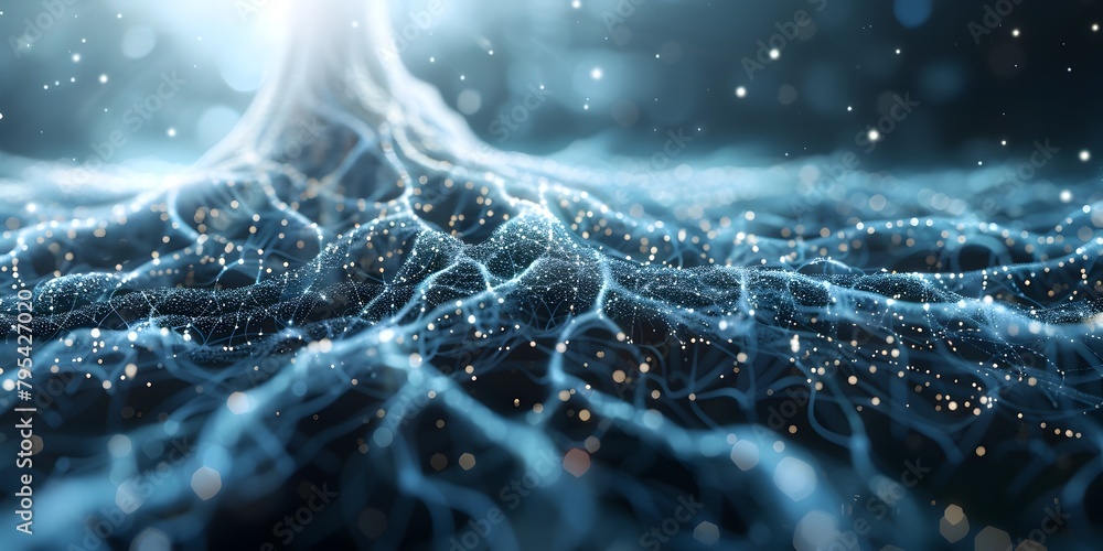 Poster symbolic global connectivity through intricate digital network of glowing roots and vines