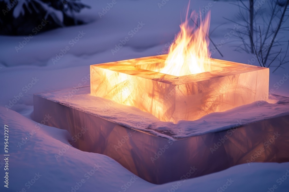 Poster a fire is burning in a square ice block. the fire is surrounded by snow and the ice block is surroun