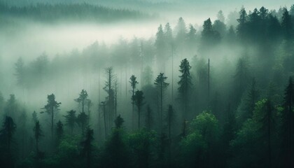 panoramic background of forest covered by fog