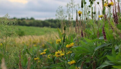 a field of flowers and plants with a blurry background