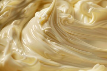 Immerse yourself in the ivory cascade of liquid mayonnaise, its smooth surface and gentle aroma inducing relaxation