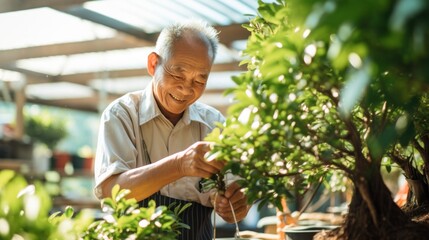 Happy elderly Asian man cutting plants with scissors in nursery