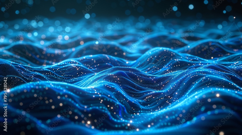 Aufkleber blue and white glowing 3d rendering of a terrain with a lot of small particles.