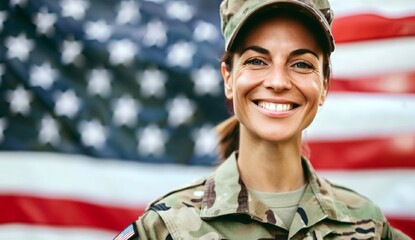 A young smiling female soldier in camouflage uniform on the background of the American flag. D-Day Anniversary.  National Flag day.