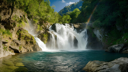Fototapeta na wymiar invigorating summer photo capturing the exhilarating rush of a waterfall