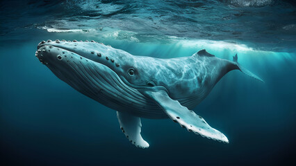 hyper realistic digital art rendering of a majestic blue whale swimming
