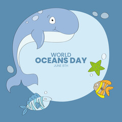 Hand drawn ocean illustration.  World Oceans Day June 8th.