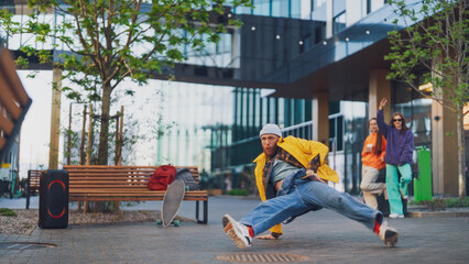 Vibrant Urban Scene Capturing A Young Man Breakdancing With Dynamic Energy, Surrounded By Friends...