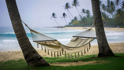 Soothing summer photo of a hammock between two palm trees on a tropical beach