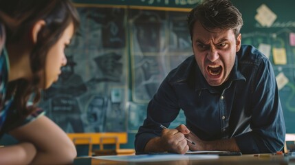 The teacher leans over the table of the students and shouts at them very strongly, the teacher shows signs of aggression.