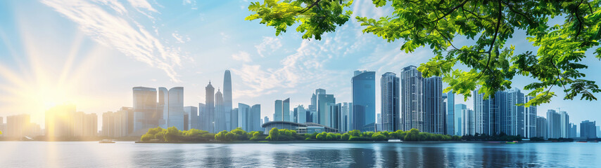 Sunlit skyline and waterfront of a modern city with lush green foliage. Generative AI