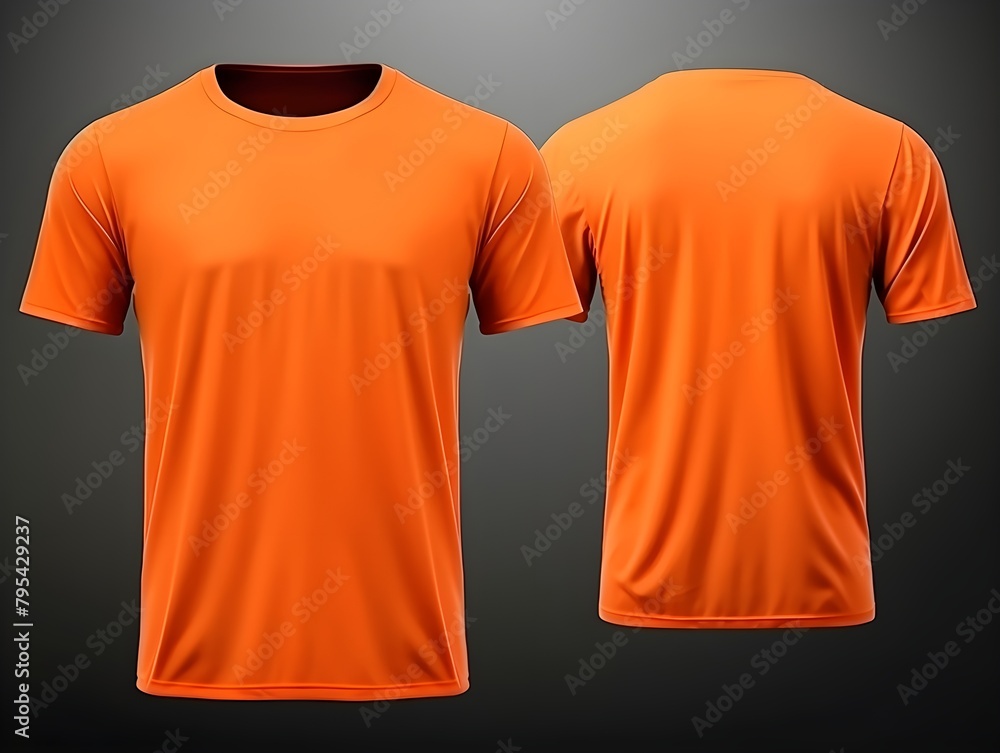 Wall mural Neon orange t shirt front and back view clothes on isolated dark background