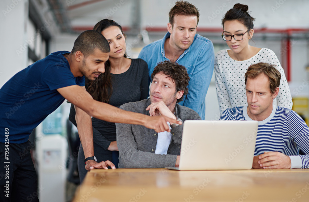 Poster business people, teamwork and meeting with thinking and laptop for creative insight with vision for 