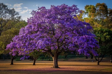 Obraz premium Graceful jacaranda tree with clusters of purple flowers, adding a pop of color to any composition
