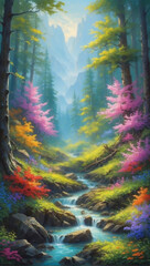 Artistic Conception of a Vibrant Landscape Painting, Celebrating the Splendor of the Forest in Full Bloom.