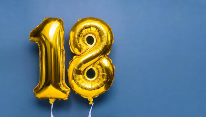 Banner with number 18 golden balloon. 18 years anniversary celebration. Bright blue background.