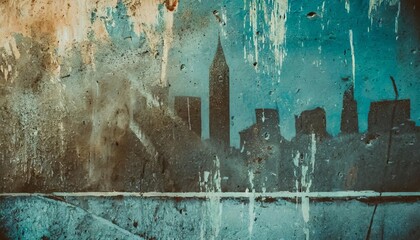 cityscape on a grungy concrete wall texture with scratched paint