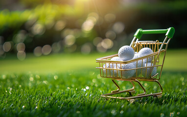 golf balls in trolley on green grass