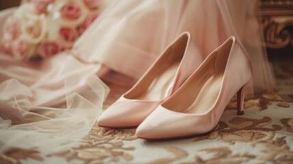 Pink satin high heel wedding shoes set on the floor with flowers.