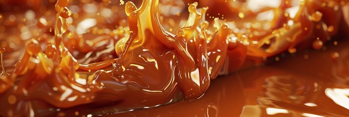 Delve into the caramel cascade of liquid caramel, its smooth flow tempting you with every golden drop - obrazy, fototapety, plakaty