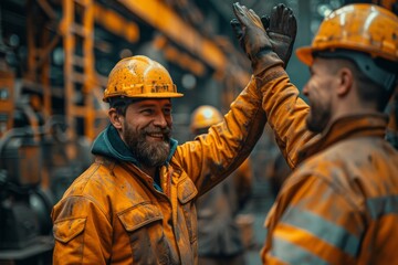 Two industrial workers in high visibility workwear high-five each other, symbolizing teamwork and job well-done in an industrial backdrop