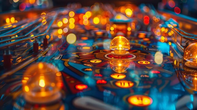 Close up of a pinball machine with the bumpers and lights in focus and the background blurred.
