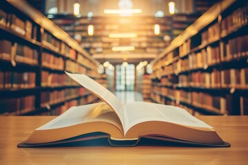 Exploring knowledge, Old library scene with open book and academic papers.