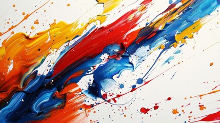 Colorful abstract painting with bright red, yellow, and blue hues.