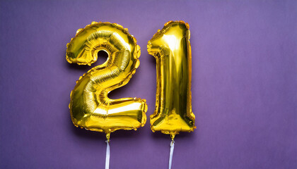 Banner with number 21 golden balloon. 21 years anniversary celebration. Bright purple background.