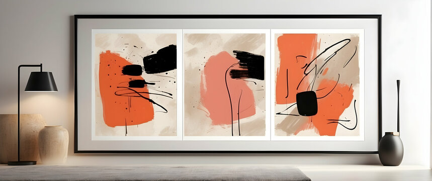 Three-panel abstract art with bold black and orange strokes creating a thought-provoking focal point in a modern interior