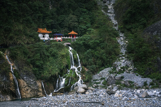 Changchun temple, Eternal Spring Shrine and waterfall at Taroko National Park in Hualien, Taiwan      